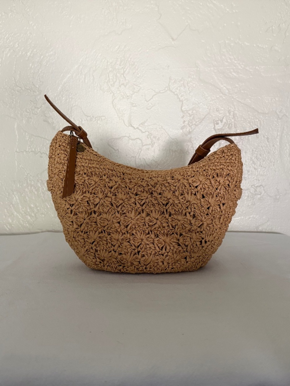 The Sak Tan Crochet Straw Hobo Shoulder Bag Brown Leather Strap